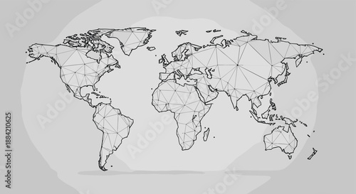 World map vector illustration with global connection lines and network nodes in minimal line art style for communication concept