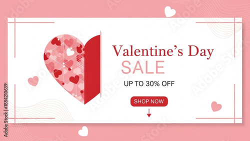 Valentine's day sale banner with heart design and up to 30 off offer on pink background