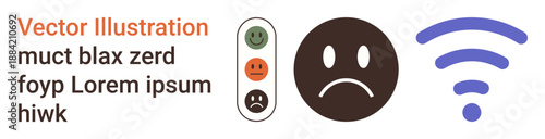 Feedback systems, connectivity issues, mood analysis, emotions, digital communication, survey responses. Sad emotion with a mood scale and wireless signal icon. Feedback systems and connectivity