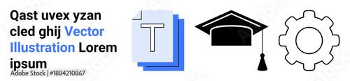 Education, knowledge sharing, academic research, learning processes, career development, digital content. Graduation cap, stacked documents gear symbol. Education and career development
