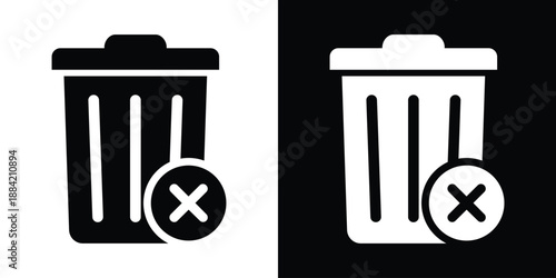 Minimal trash can icons with delete symbol overlays in black and white. Ideal for UI design, app interfaces, and digital platforms. Clean vector style for modern user experience visuals.