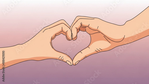 Two hands forming a heart shape on a pink background symbolizing love and affection in a romantic gesture