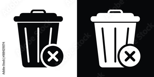 Minimal trash can icons with delete symbol overlays in black and white. Ideal for UI design, app interfaces, and digital platforms. Clean vector style for modern user experience visuals.