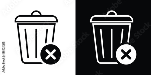 Minimal trash can icons with delete symbol overlays in black and white. Ideal for UI design, app interfaces, and digital platforms. Clean vector style for modern user experience visuals.