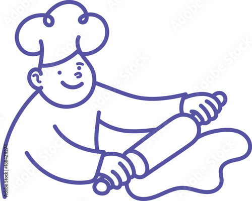 Happy Chef Rolling Dough Line Art Illustration for Bakery, Cooking and Food Preparation Design