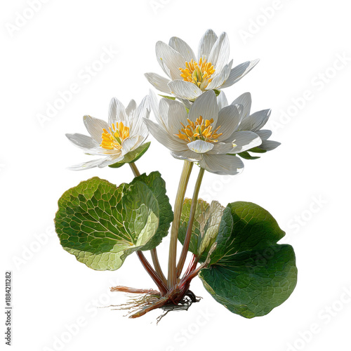 Bloodroot Flower's Elegance: A striking image of the bloodroot flower blooms with its pristine white petals and vibrant yellow center, showcasing the delicate beauty of nature.