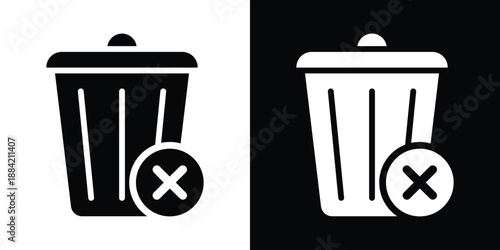 Minimal trash can icons with delete symbol overlays in black and white. Ideal for UI design, app interfaces, and digital platforms. Clean vector style for modern user experience visuals.