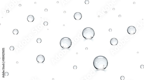 Vector illustration of multiple realistic water droplets with shading and reflections on white background showing three‑dimensional clarity for physics, surface tension studies, advertising themes of 