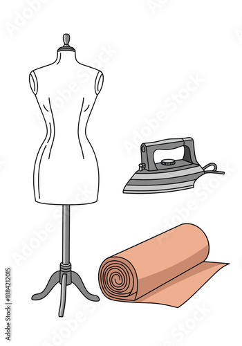 Professional sewing and tailoring equipment including a white dressmaker mannequin a flat iron and a roll of peach fabric.