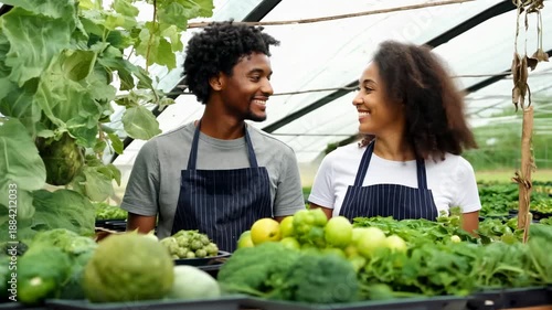 Young African American couple with their garden vegetable crop. A young African American couple smiles as they pick ripe vegetables from their garden.