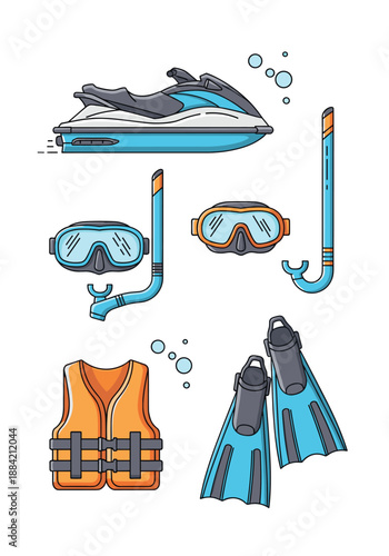 Blue and orange water sports collection featuring a jet ski diving masks snorkels a life jacket and a pair of fins.