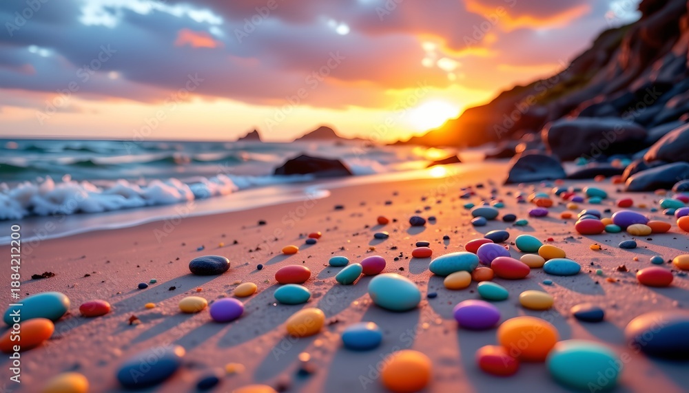 Obraz premium Peaceful Dawn Beach with Colorful Pebbles and Mist