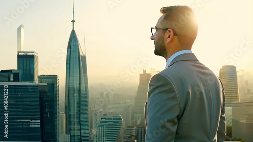 Footage of a businessman in a formal suit against the backdrop of skyscrapers. Confident businessman poses with towering skyscrapers in the urban backdrop.