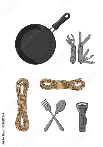 Set of outdoor camping equipment including a frying pan, multi-tool, rope coils, utensils, and a flashlight on white background.