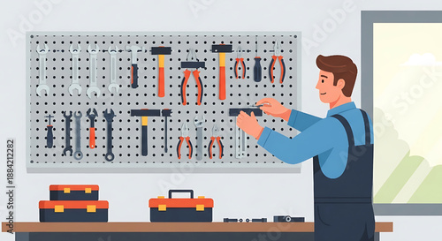 A diligent man meticulously organizing a wide array of hand tools on a specialized pegboard wall in his modern and efficient workshop environment, fostering productivity and order for various tasks