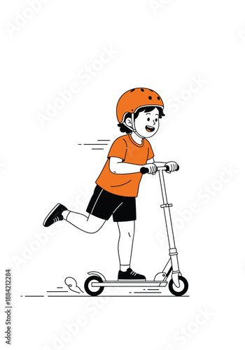 Energetic illustration of a young boy wearing a helmet and riding a kick scooter at high speed on a white background.