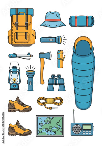 Collection of essential hiking and camping equipment icons including backpack, sleeping bag, and navigational tools on white background.