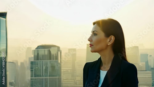 Caucasian businesswoman in a formal suit against the backdrop of skyscrapers. Businesswoman walks past camera with urban skyscrapers in the background.