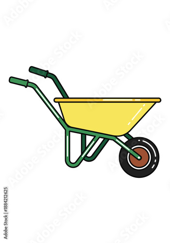 Functional yellow gardening wheelbarrow with a green frame and a single black tire depicted in a clean flat style.