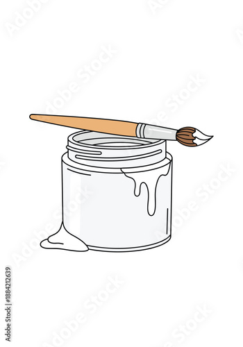 Clean illustration of a white paint jar with a drop of paint and an artist brush resting across the top.