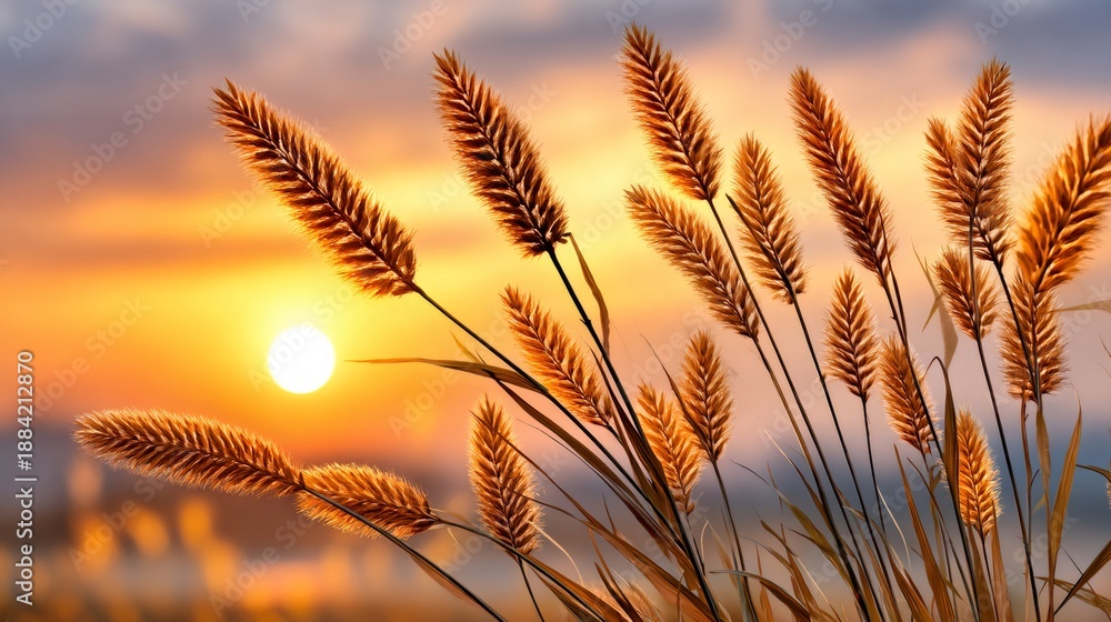 Fototapeta premium Golden wheat ears swaying in sunset light
