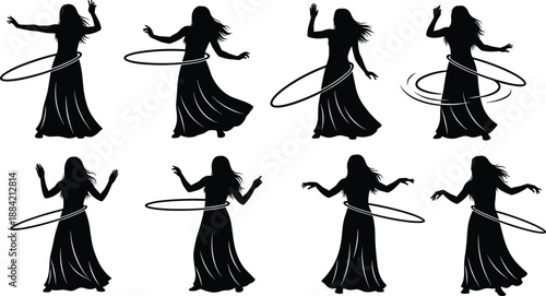 Set of silhouettes of a woman with long hair wearing a long dress and playing with a hula hoop isolated on white background,