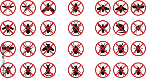 No insects and pests signs vector set with crossed bug symbols for pest control and warning design