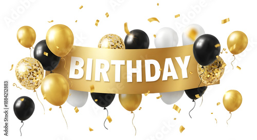 Happy birthday celebration with balloons and banner isolated on transparent background
