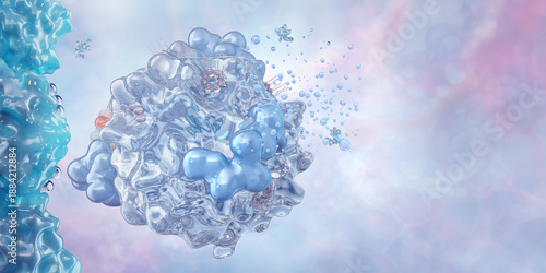 Liposomal nanocarrier delivery system, 3D biomaterial visualization. Controlled release of active molecular ingredients, skincare technology, regenerative medicine, pharmaceutical nanotechnology © Corona Borealis