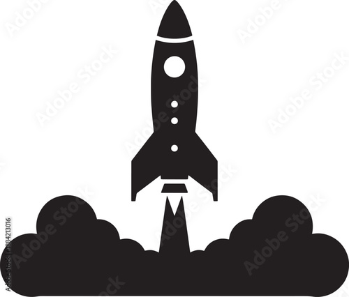 Black Rocket Ship Launching into Sky with Clouds