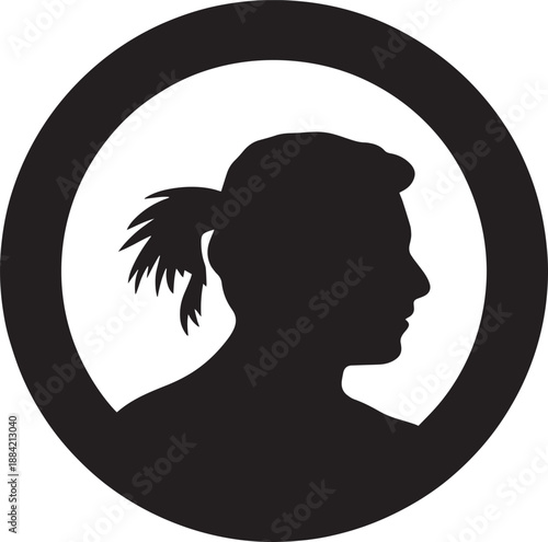 Black Silhouette of Woman with Ponytail in Circle Isolated on White