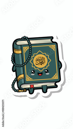 Cartoon Quran Book with Prayer Beads.