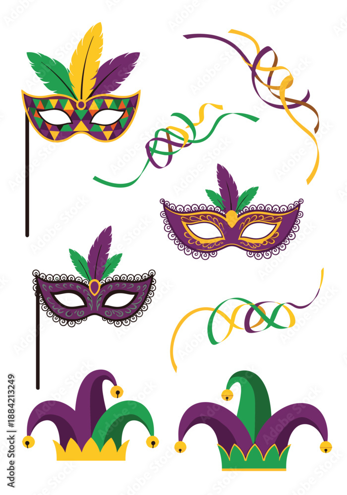 Obraz premium Festive mardi gras or carnival accessories including ornate masks with feathers, jester hats, and colorful swirling ribbons.