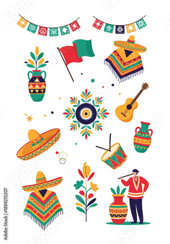 Vibrant mexican celebration icons featuring traditional clothing, musical instruments, decorative pottery, and festive party banners.