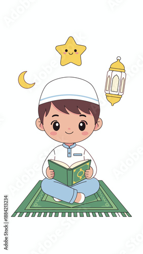 Young Muslim Boy Reading Quran Book.