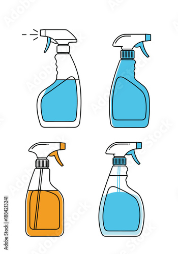 Four different designs of spray bottles containing cleaning liquid in blue and orange colors for household hygiene tasks.