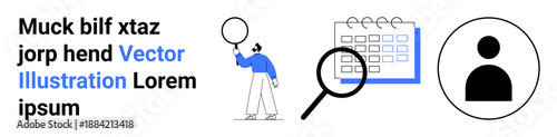Person evaluating a calendar with a large magnifying glass, alongside a profile icon. Ideal for planning, HR management, scheduling, task organization, productivity, goal setting, simple landing page