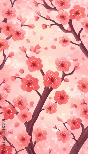 Serene Floral Design Seamless Cherry Blossom Pattern Featuring Delicate Flowers in Muted Pink Tones