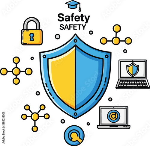 A blue and yellow shield with safety icons surrounding it, representing protection and security in a digital environment