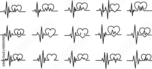 Vector collection of medical heart rate pulse icons and heartbeat rhythm symbols with monitor display for cardiology healthcare diagnostic and clinical medicine design concepts