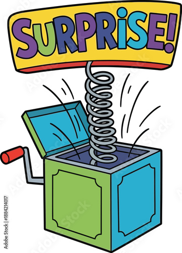 A colorful surprise box with a spring-loaded lid and vibrant graphics, viewed from the front