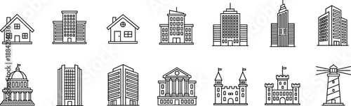 Vector collection of zoo animals and wildlife line icons, safari creatures, including elephant, giraffe, lion, and bear symbols, blue outline set, modern graphic.