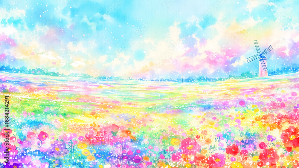 Obraz premium 風車と色とりどりの花畑が広がる美しい水彩画風の春の風景イラスト