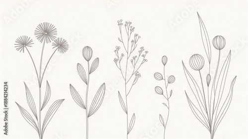 白い背景に描かれた5種類の植物や野草のシンプルな手書き風線画イラストセット