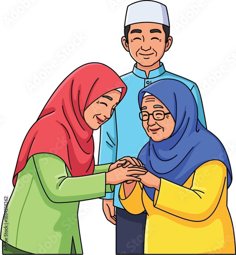 Three people in traditional attire interacting closely together, vector illustration of cultural bonding, family scene.