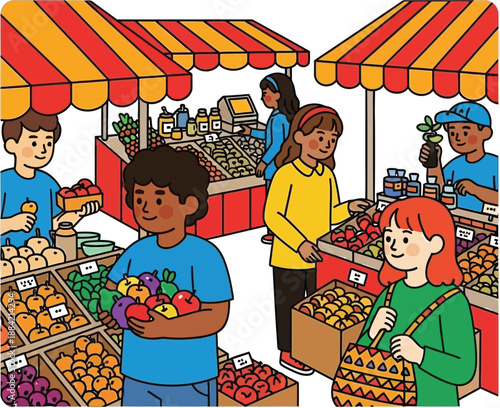Vibrant outdoor market scene with people shopping for fresh produce under colorful striped tents