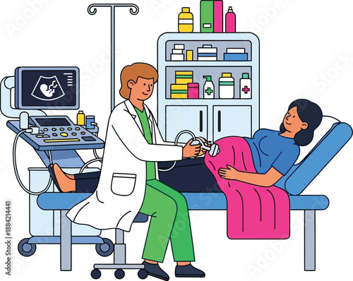 Medical professional conducting ultrasound examination on patient in hospital bed with various medical equipment in the background