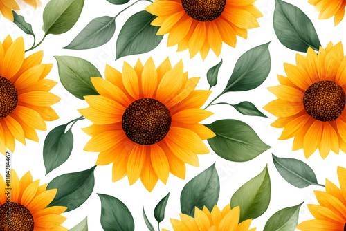 Seamless pattern featuring vibrant yellow sunflowers and green leaves
