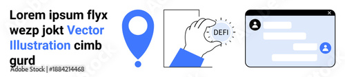 Navigation, cryptocurrency, fintech, communication, user interface, digital tools. Includes a location pin, a hand holding a Defi coin and a chat interface. Navigation and cryptocurrency illustrated