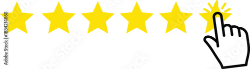 Vector illustration of hand cursor clicking five yellow stars for top rating customer feedback and satisfaction review concept isolated on white background.